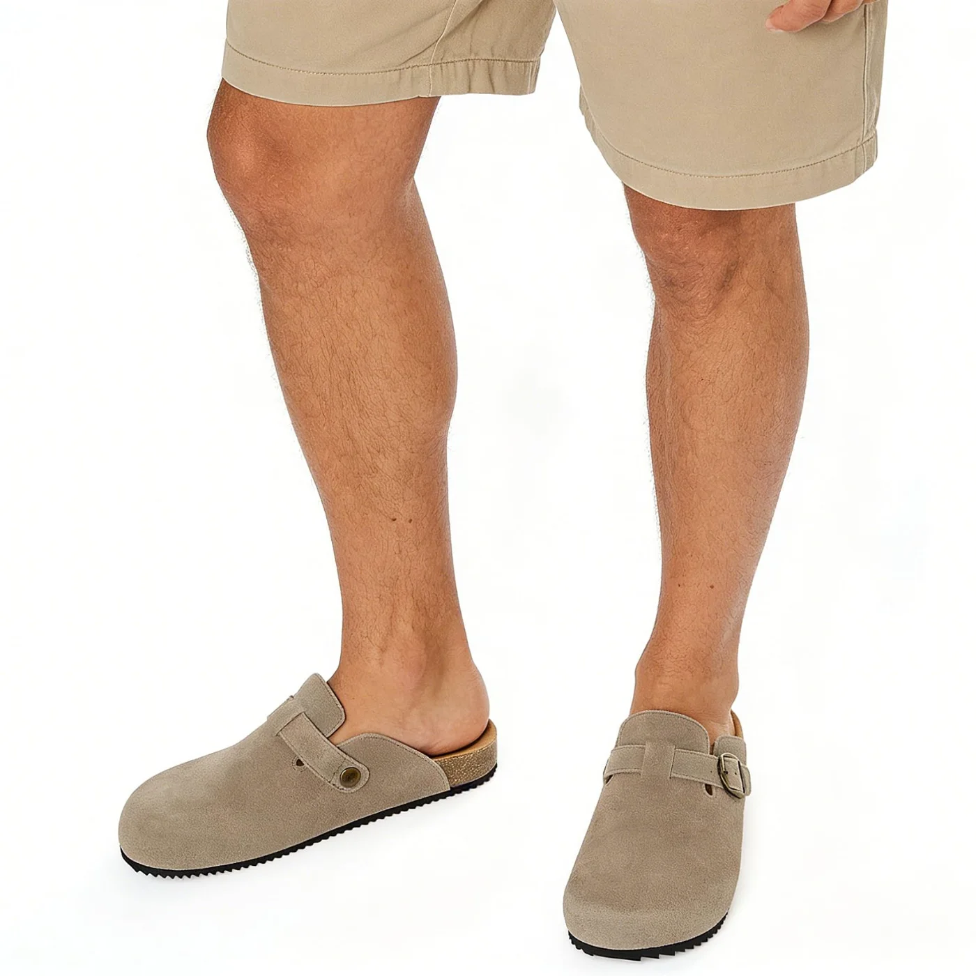 Intini Suede Cork Clog in Sand, worn