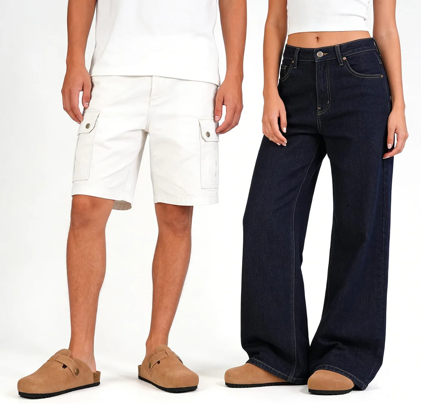 Intini suede cork clogs in light brown, worn by two people