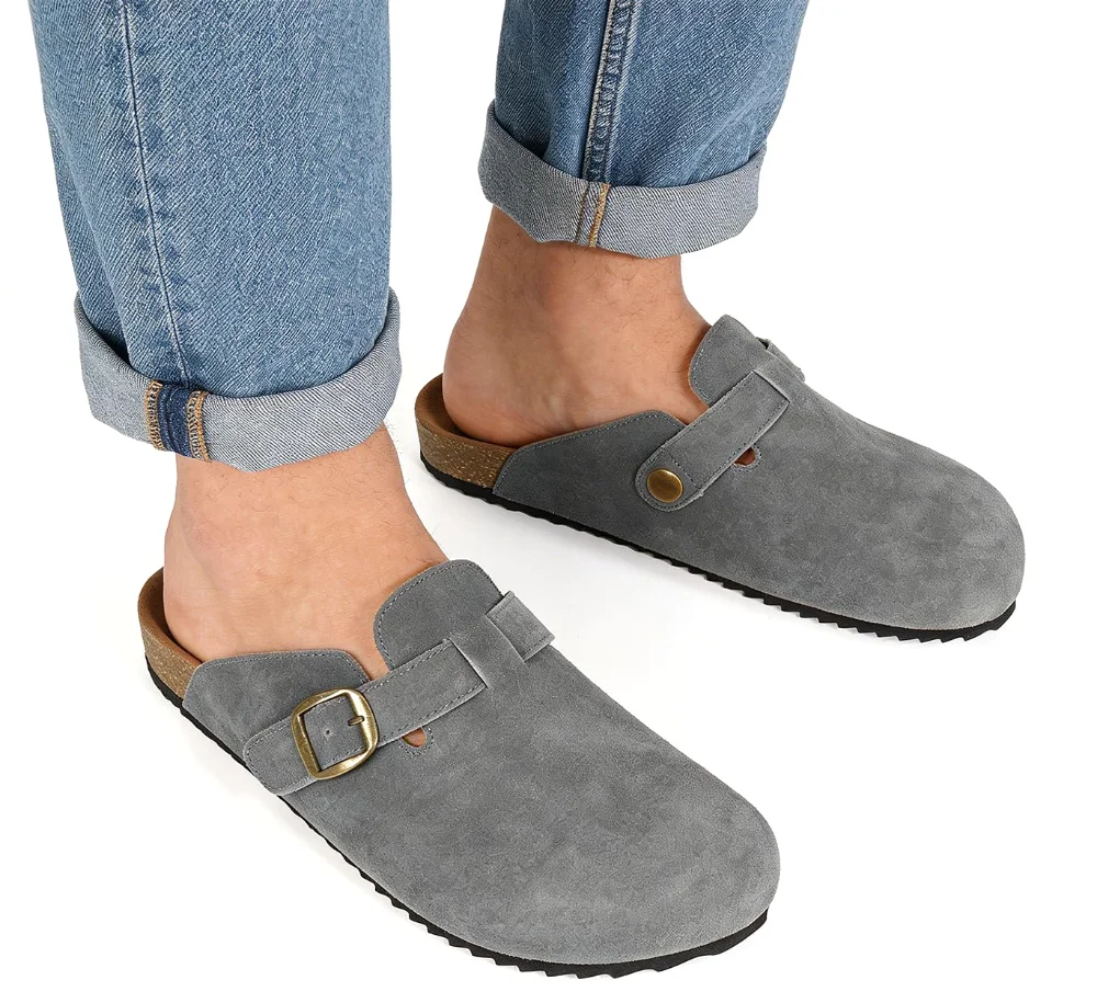 Intini Suede Cork Clog in Grey, worn