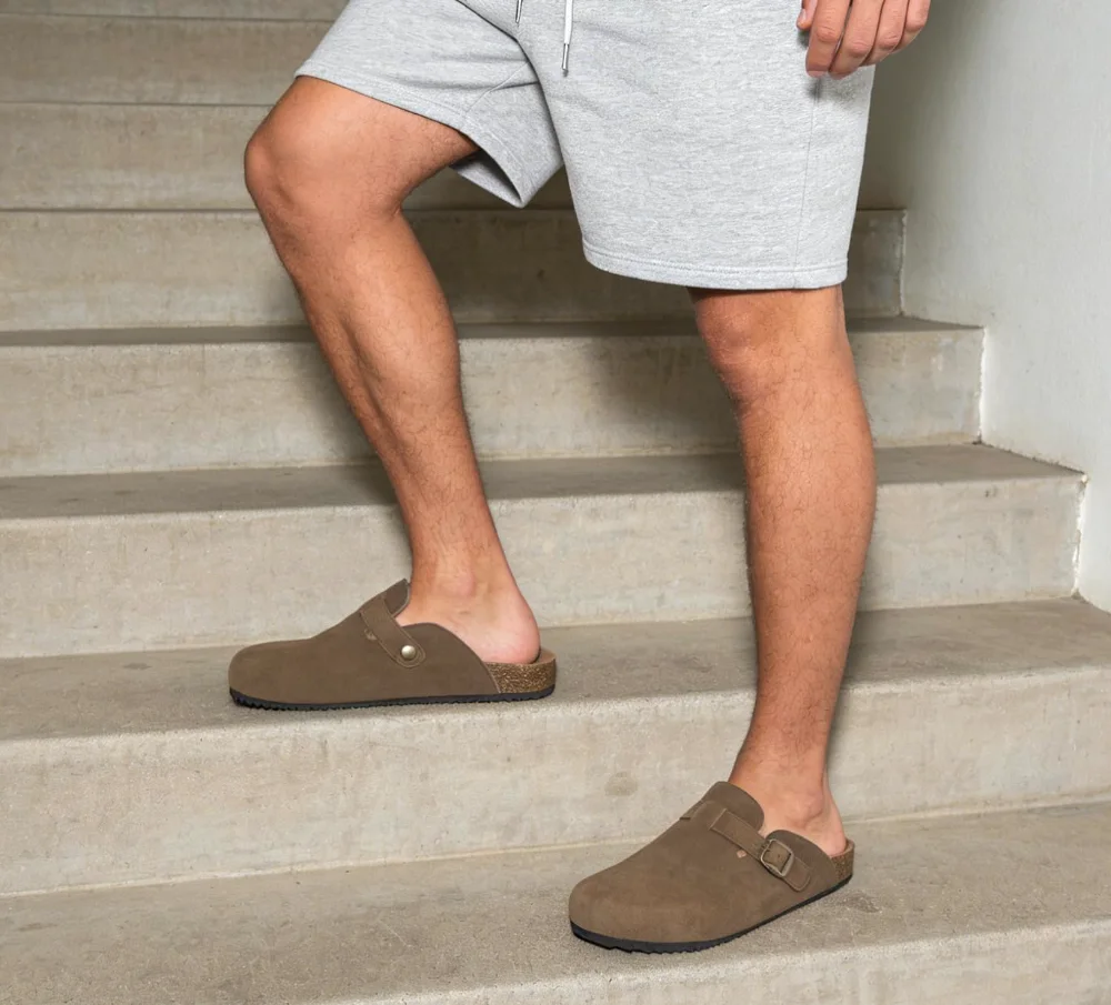 Intini Suede Cork Clog in Light Coffee, worn