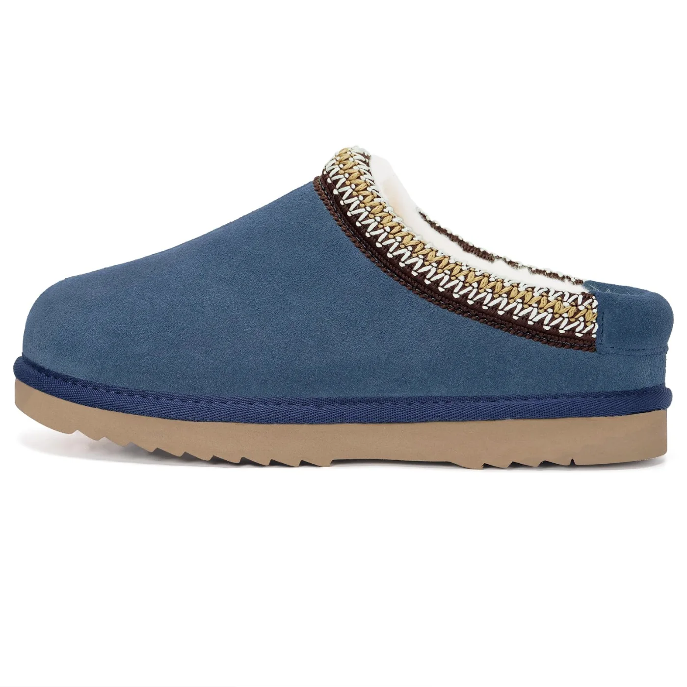 Intini Kids Fuzzy Clog Slipper in Dark Blue, worn