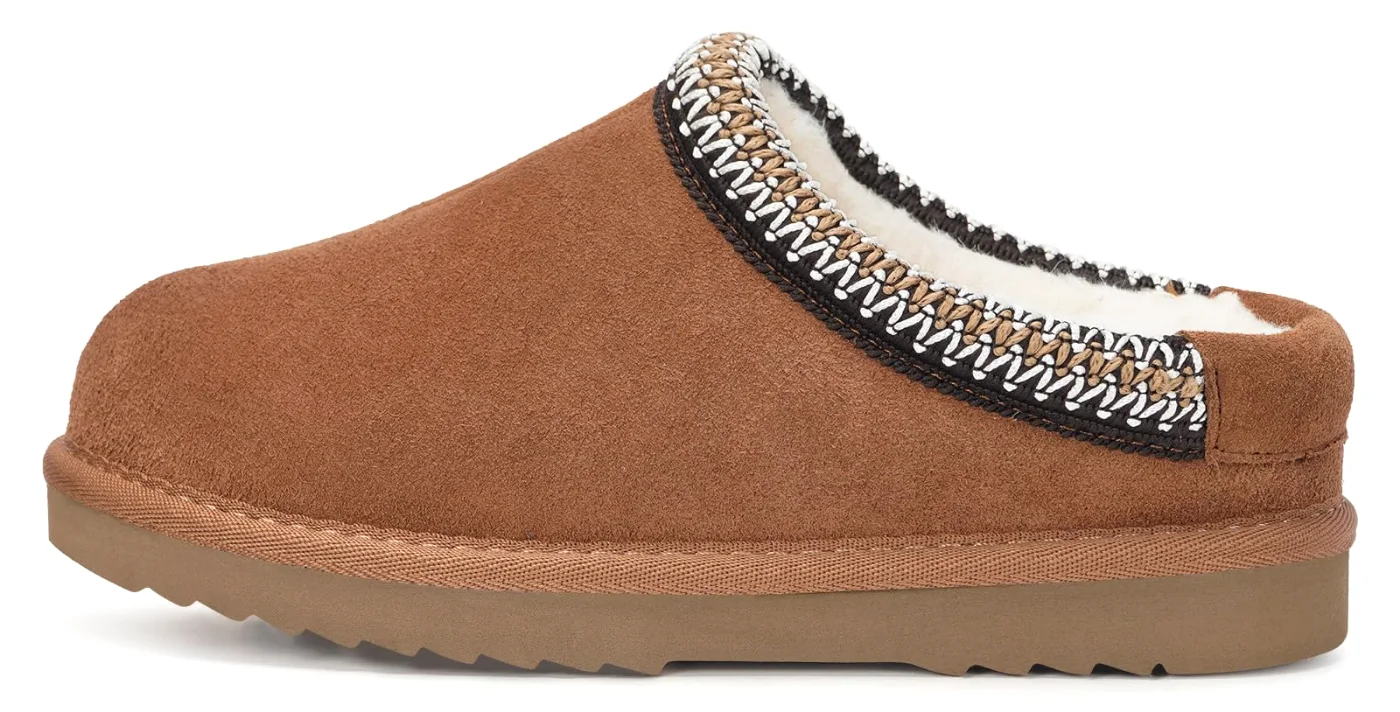 Intini Kids Fuzzy Clog Slipper in Brown, worn