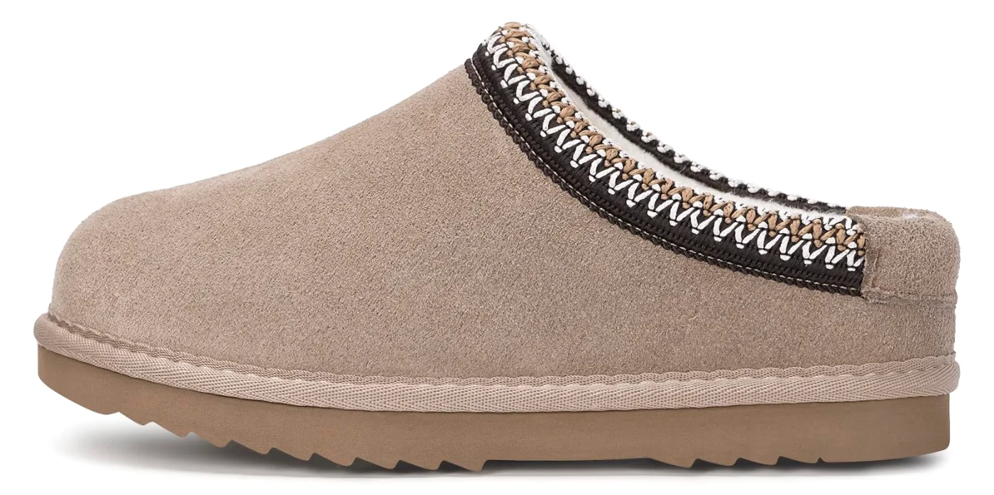 Intini Kids Fuzzy Clog Slipper in Khaki, worn